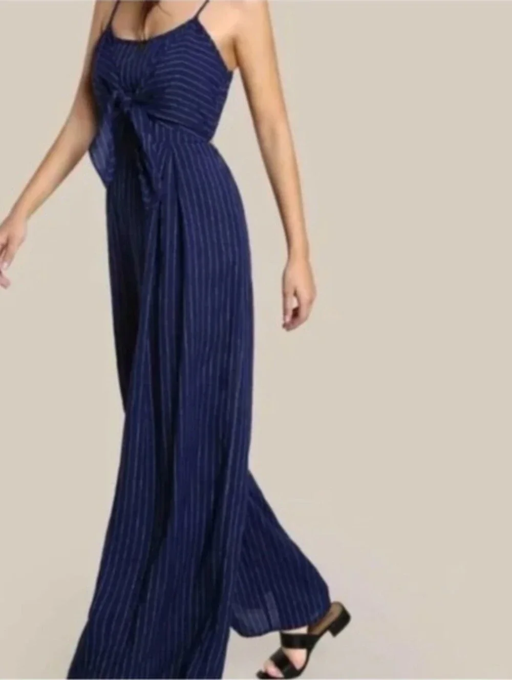 Flying Tomato Navy Pinstripe Tie Front Wide Leg Jumpsuit Adjustable Women Medium - Picture 2 of 10